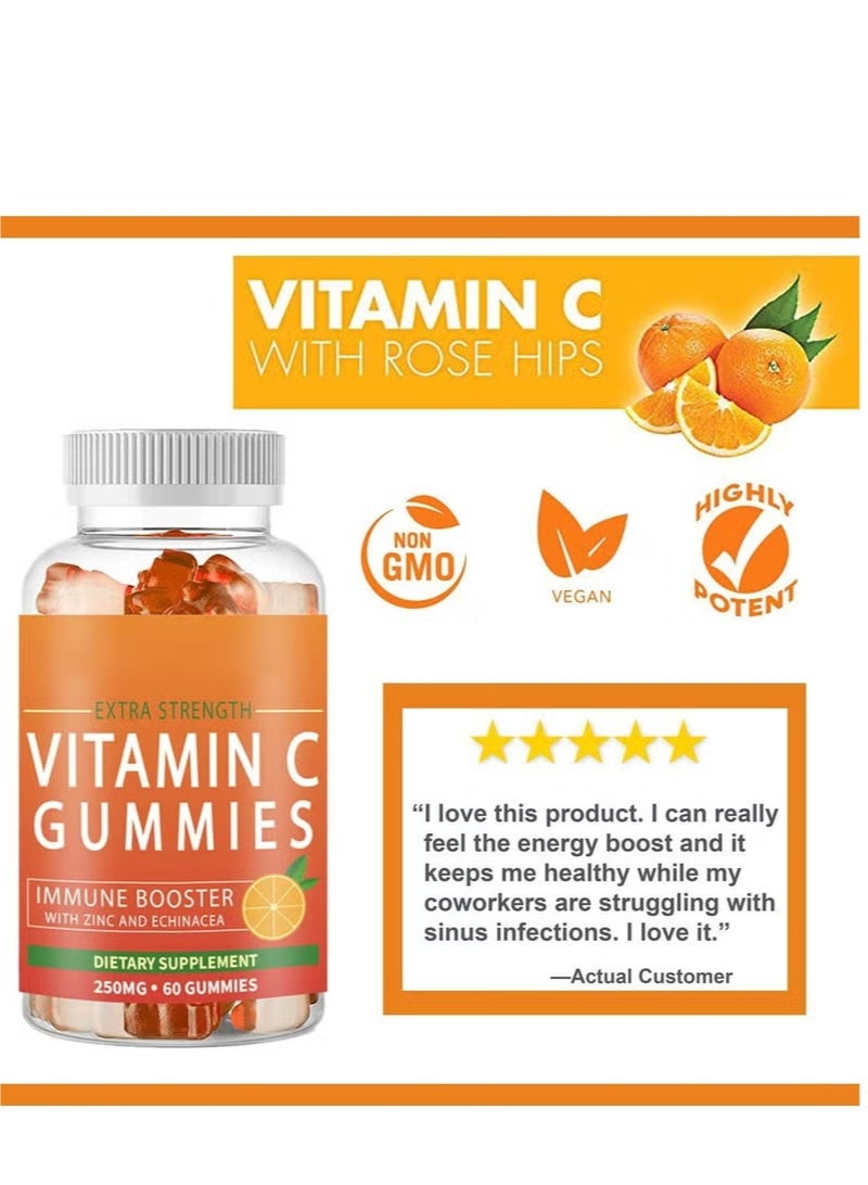 Vitamin C 250mg Gummies for Adults & Kids – Multivitamin with Zinc & Herbal Extracts for Immune Support & Collagen Support for Skin – Orange Flavor – Gluten Free, Non-GMO, Vegetarian – 60 Gummies - Image 2